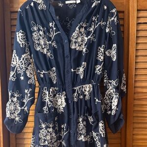 Dress Barn Navy and White Floral Long Sleeve Dress